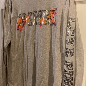 PINK Victoria's Secret Gray Sequin Floral Long Sleeve Tee